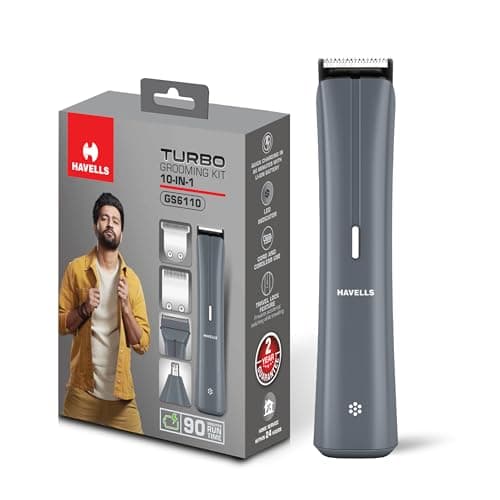 Havells Turbo 10 In 1 Grooming Kit | Hair Trimmer,Face, Ear & Nose | No Nicks & Cuts | LED Indicator | Upto 90 Min Quick Charge | 2 Year Guarantee | GS6110 (Grey)