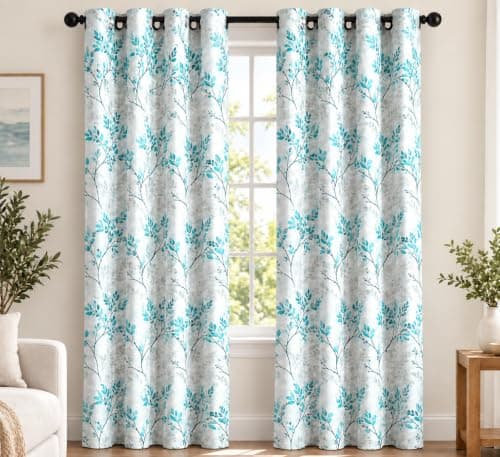Amazon Brand - Solimo Polyester 75% Blackout Door Curtains | Door Curtains | 7 Feet | Set of 2 | Leaf Print Design | for Living Room Kids Room and Bedroom | White& Blue