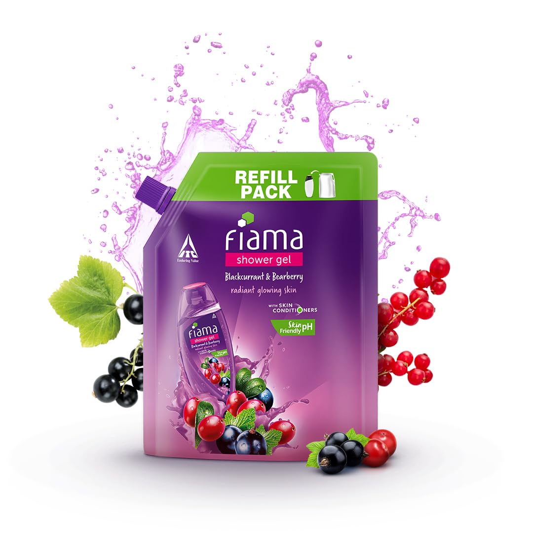 Fiama Body Wash Shower Gel Blackcurrant & Bearberry, 1.3L Bodywash Refill Value Pouch for Women & Men with Skin Conditioners for Radiant Glow, Skin Friendly pH
