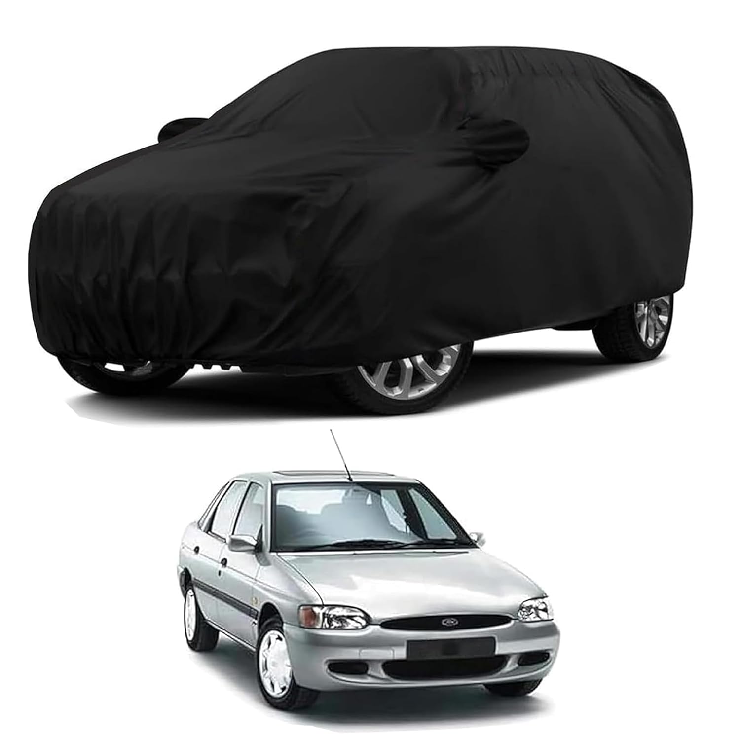Sulfar 100% Water Resistant Car Body Cover Compatible with Mirror & Antenna Pockets for Ford Escort (Triple Stitched, Full Bottom Elastic, Black)