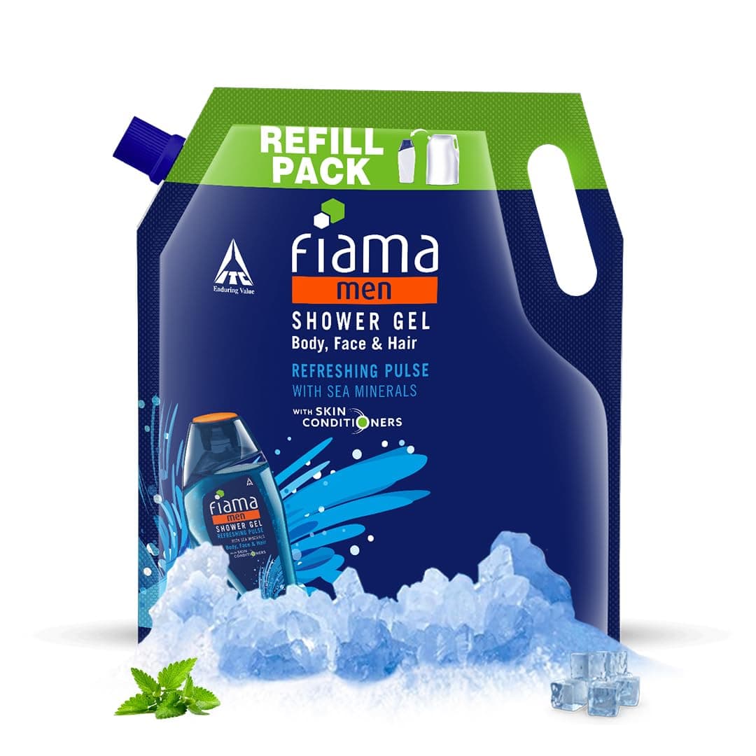 Fiama Men Body Wash Shower Gel Refreshing Pulse, 1.4L Body Wash Refill Pack for Men with Skin Conditioners & Sea Minerals for Moisturized Skin, Skin Friendly pH, For All Skin Types