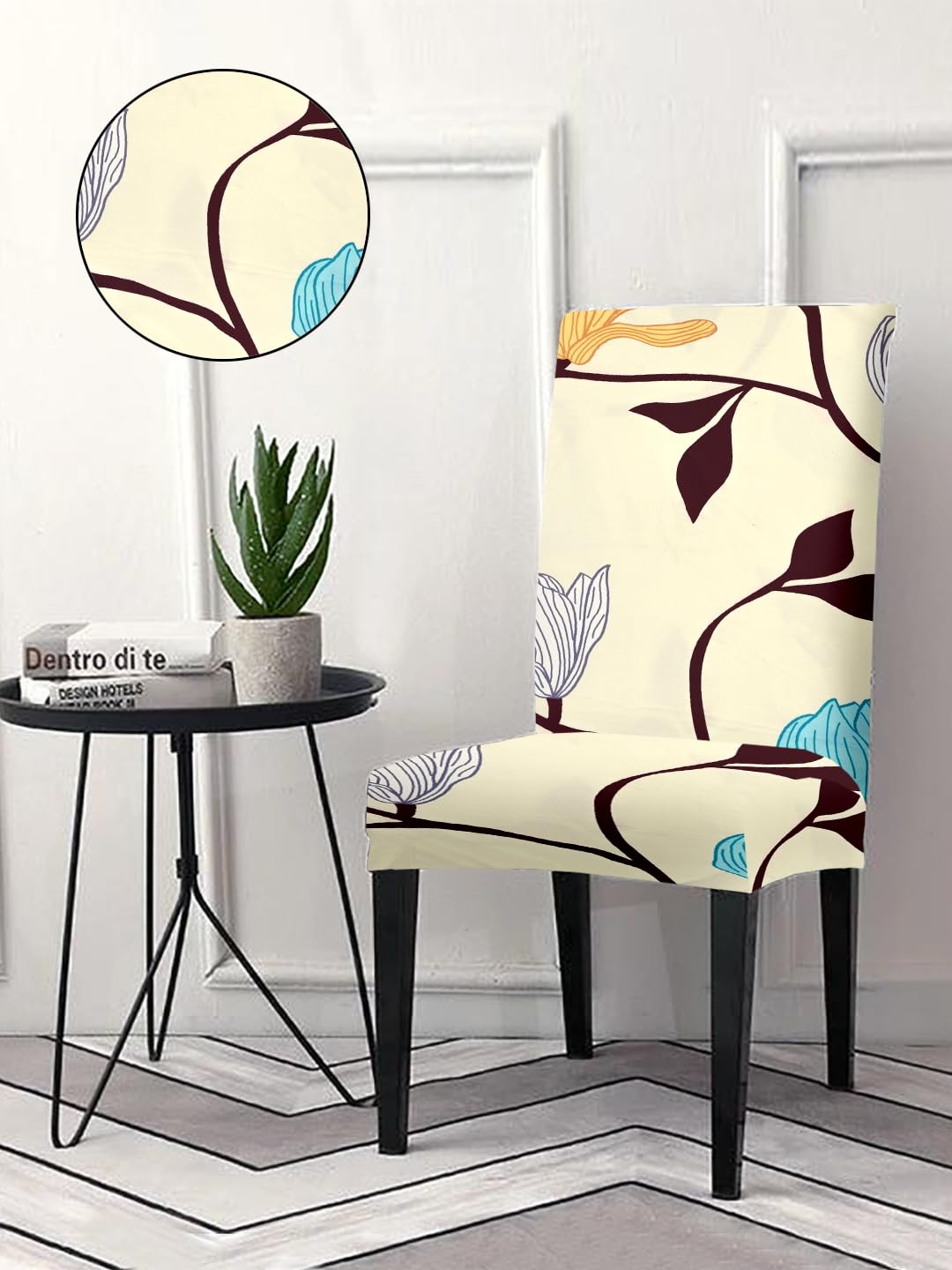 Amazon Brand - Solimo Polyester Spandex Stretchable Dining Chair SLIPCOVER (Checkered Print, Pack of 6, Beige)