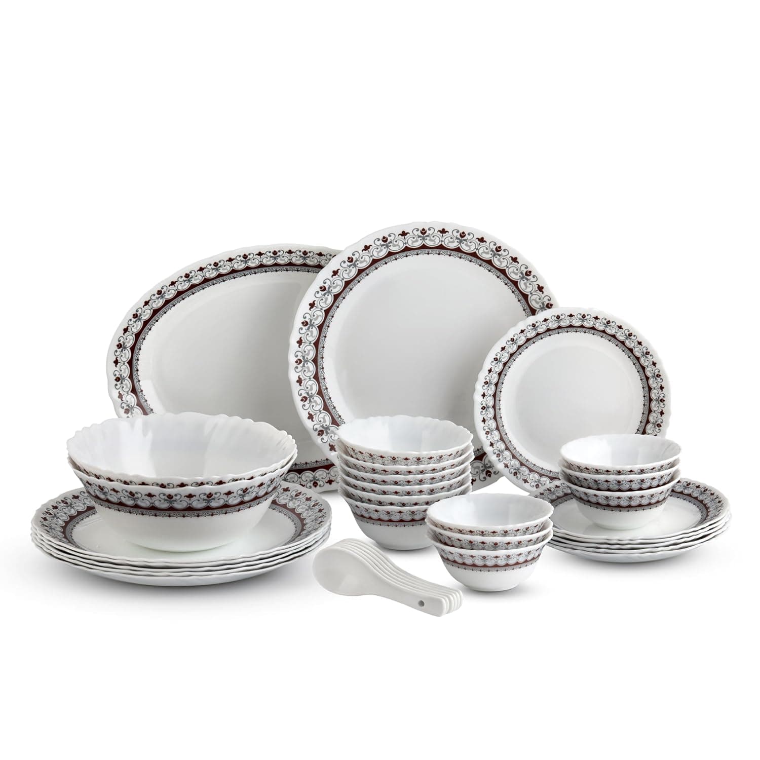 CELLO Lumina Imperial Plus Series Opalware Dinner Set of 33 Pieces For Family of 6 | Bone-Ash Free & Leadfree Opal Glass Microwave & Dishwasher Safe Crockery Plates & Bowls Set For Daily Use & Gifting