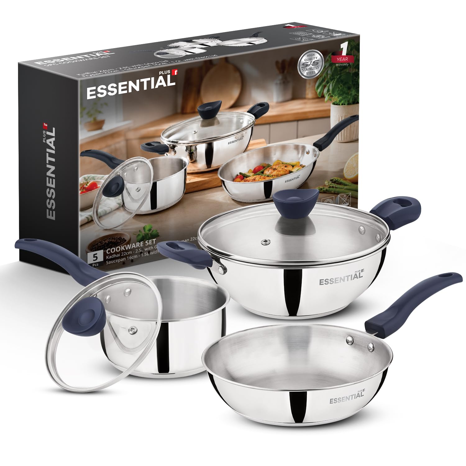 Bergner Essential Plus Stainless Steel 5 Pcs Cookware Set - 22cm/2.5L Kadai with Lid, 22cm Frypan, 16cm/1.5L Saucepan with Lid, Sturdy Bakelite Handles, Even Heating, Thick Triply Bottom