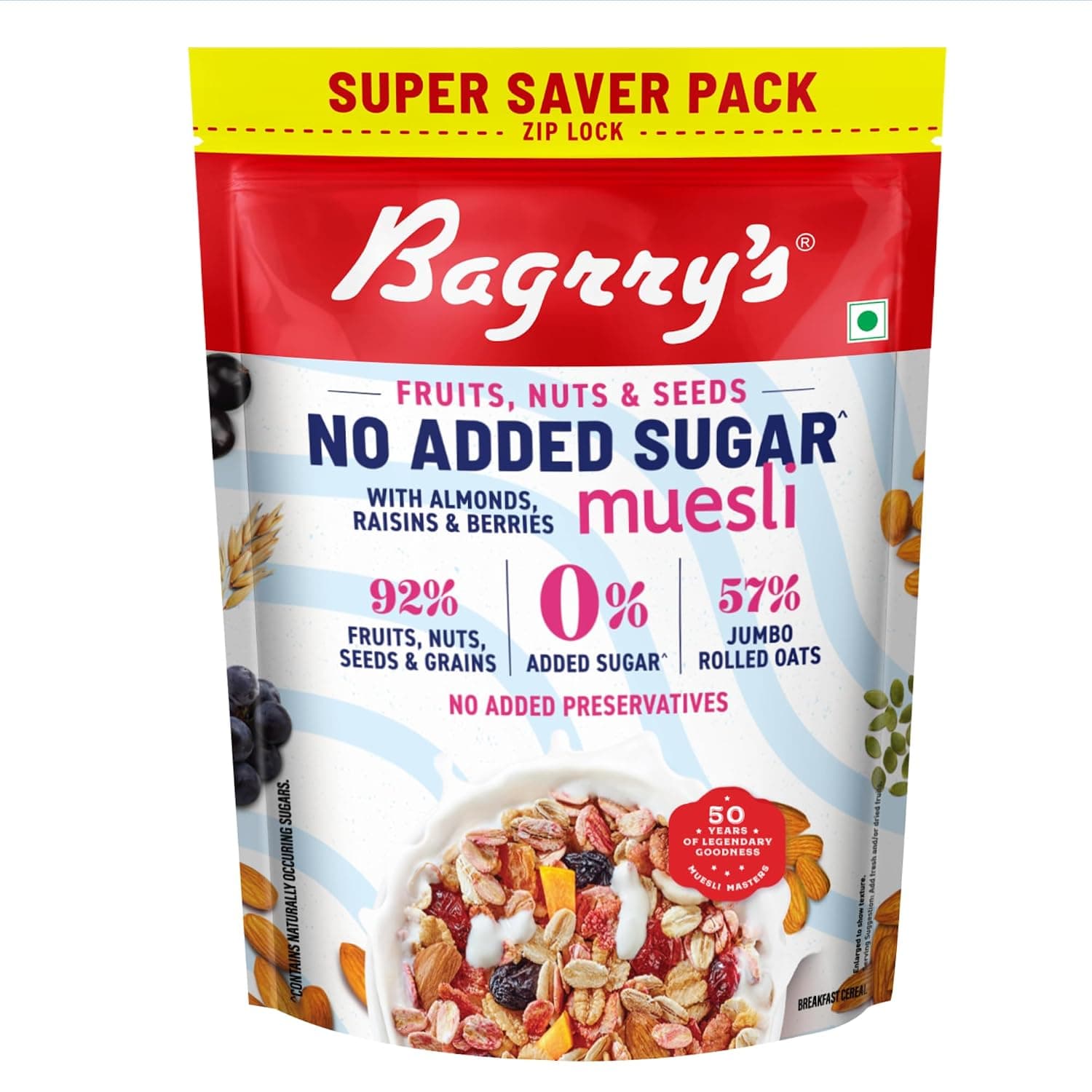 Bagrry’s No Added Sugar Muesli with Fruits, Nuts & Seeds – 700g | High Fibre & Protein | 0% Added Sugar, No Corn Flakes | Whole Grain Breakfast Cereal with Almonds, Raisins, Pumpkin Seeds & Berries | No Sugar infused Berries