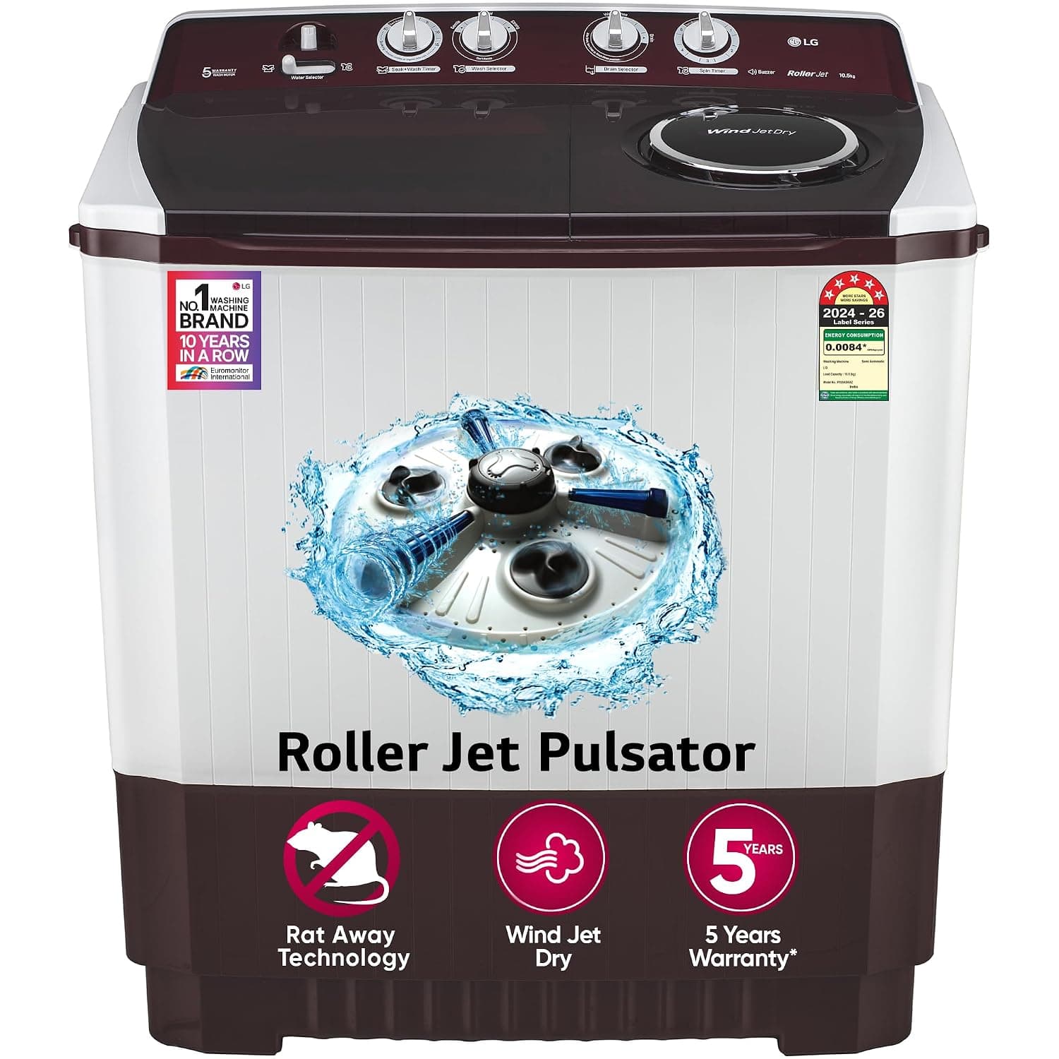 LG 10.5 kg 5 Star Semi-Automatic Top Load Washing Machine (P105ASRAZ)