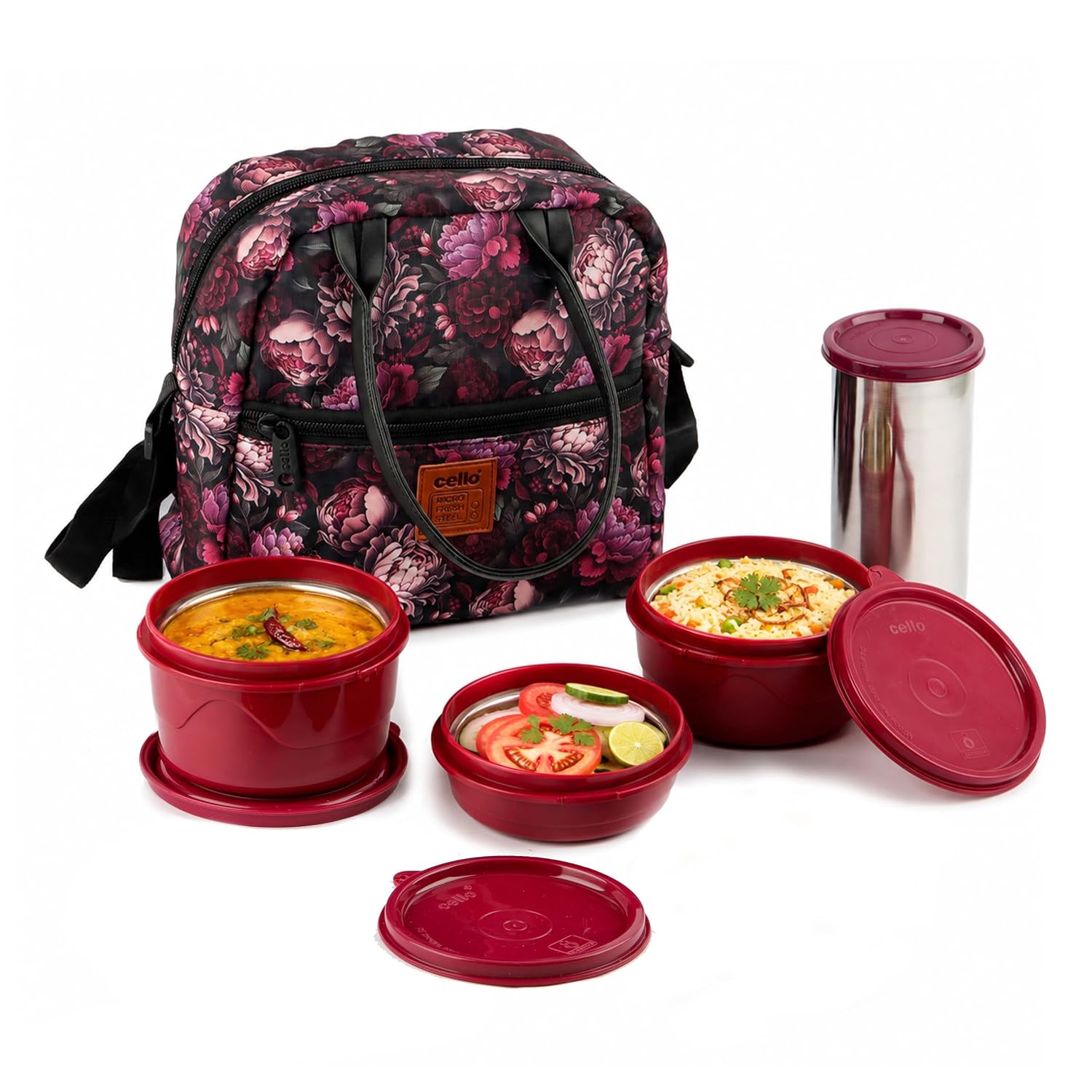CELLO Bella Lunch Box with Bag for Office Use, Maroon | 225ml, 375ml, 550ml Microwave & Oven Safe Containers with 500ml Tumbler, Airtight Snap Lock Leak Proof Insulated Tiffin Box for College & Travel